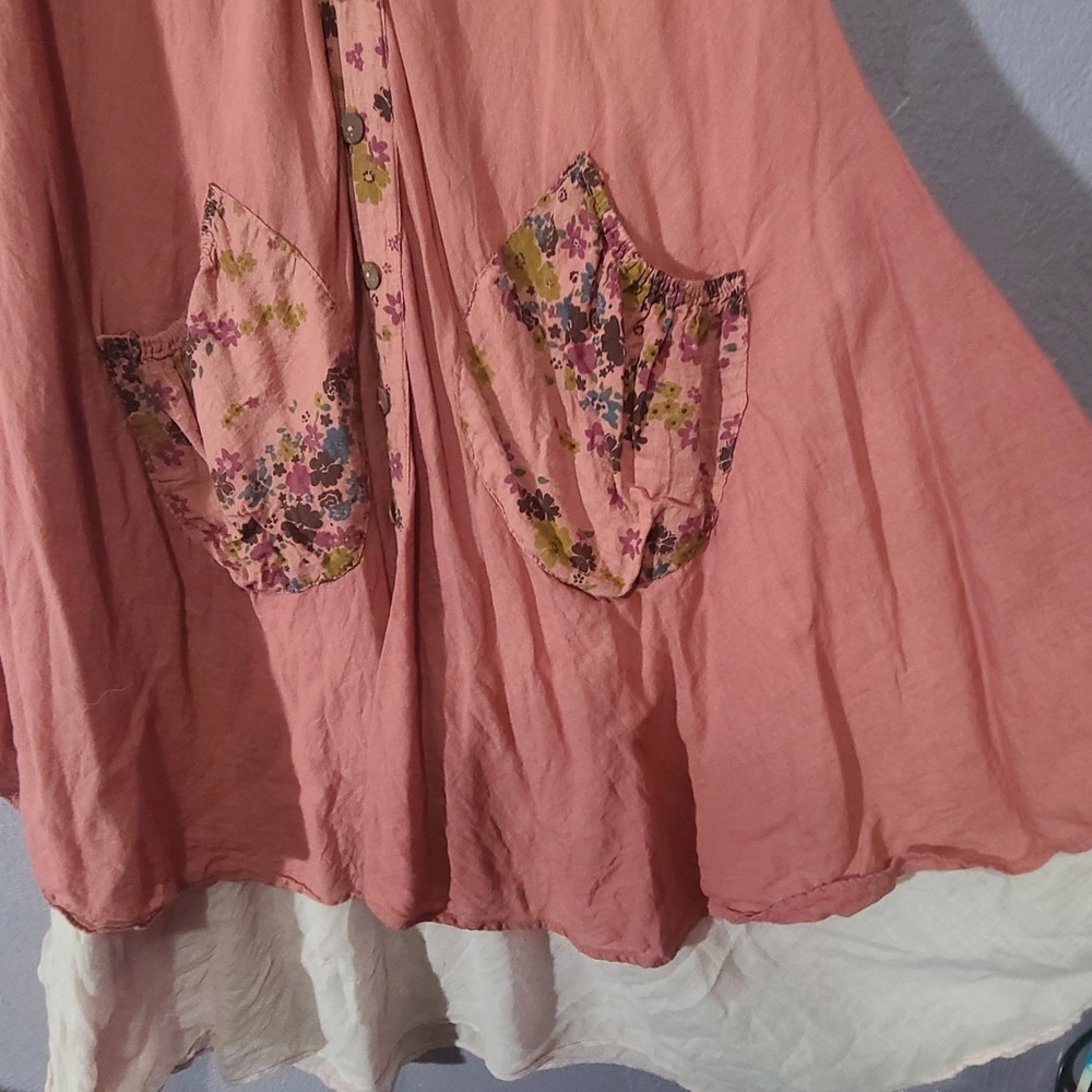 Fairycore Midi Dress Women Coral Pink Floral Trim Layered Boho Pockets Large - Picture 4 of 12